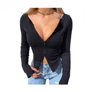 Womens Sexy Kint Tops Long Sleeve Cute V Neck Zipper Shirts