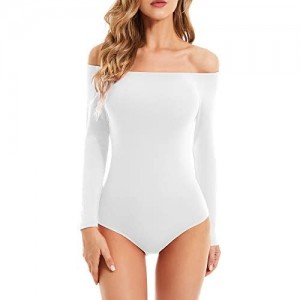 ZABERRY Womens Off Shoulder Long Sleeve Bodysuit Sexy Tops Slim Fitted Leotard