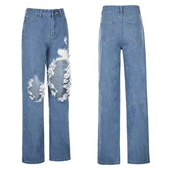 Auriviz Womens Patchwork Y2K Jeans High Waist Pants Straight Leg Stretch Frayed Demin Casual Trousers