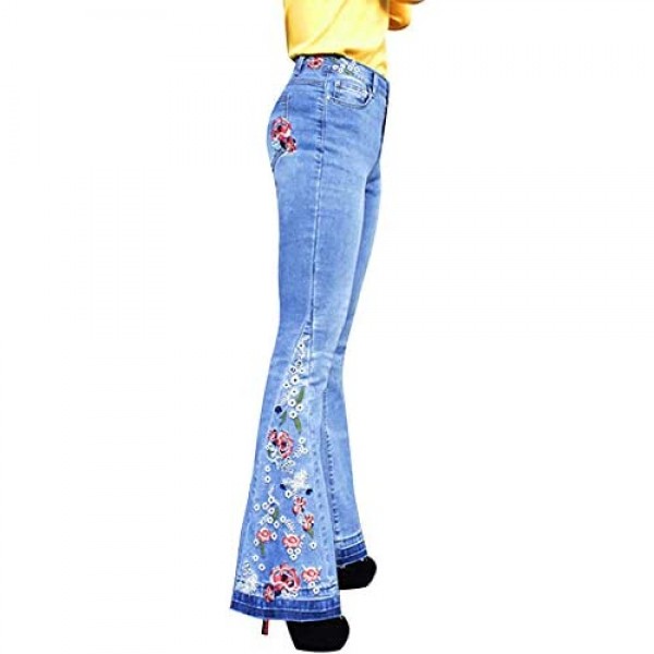 Bell Bottom Jeans for Women Flared Floral Embroidered Jean Wide Leg Denim Pants