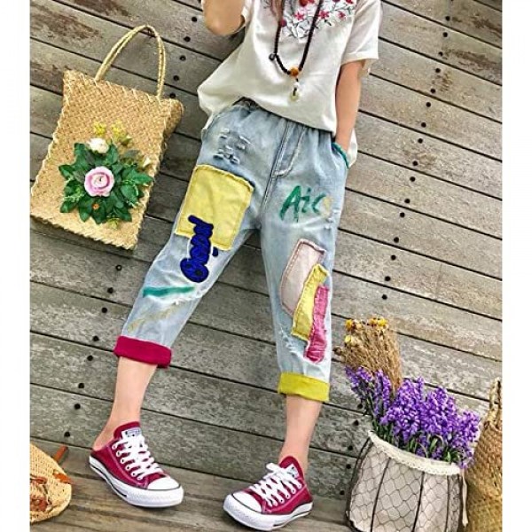 Duberess Women's Denim Jeans Trousers 100% Cotton Loose Pants with Embroidery (M-L)