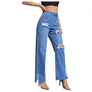 HDLTE Women Distressed Baggy Jeans Ripped High Waist Flare Jeans Wide Leg Straight Denim Pants 90s Boyfriends Jeans