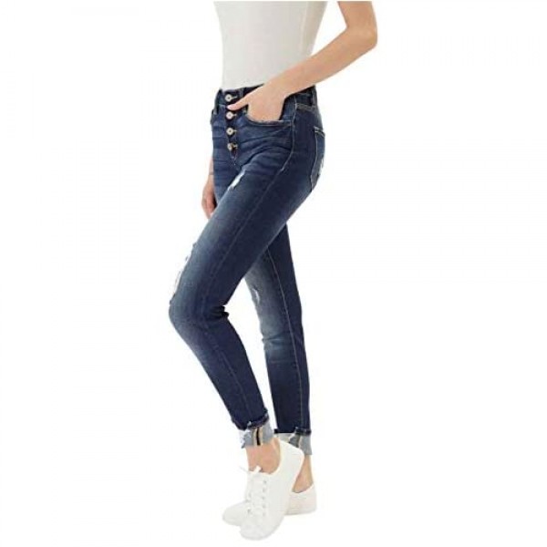 Kan Can Women's High Rise Button Fly Distressed Super Skinny Jeans