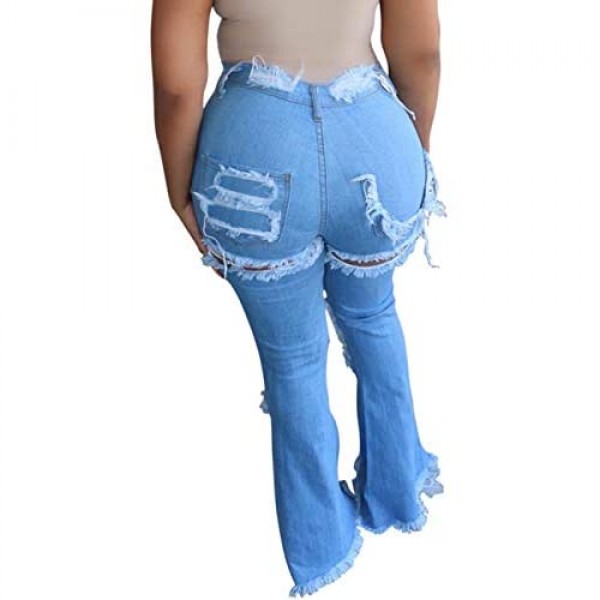 LightlyKiss Womens Ripped Bell Bottom Plus Size Jeans High Waisted Flared Distressed Pants