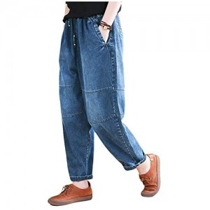Mordenmiss Women's Harem Cropped Pants Denim Baggy Elastic Waist Pull-on Jeans