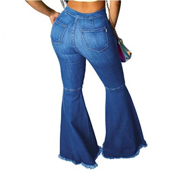 Pofash Women's Destroyed Ripped Flare Jeans Bell Bottom Raw Hem Denim Pants