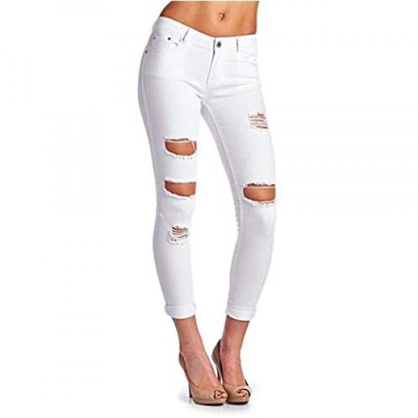 Saodifenxiang Women's White Hight Waisted Butt Lift Stretch Ripped Skinny Jeans Distressed Denim Pants