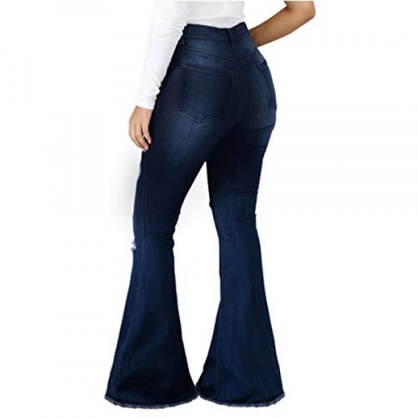 SeNight Women Bell Bottom Jeans Elastic Waist Ripped Flared Jean Destroyed Raw Hem Denim Pants