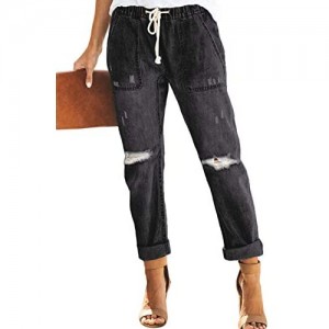 Sidefeel Women Distressed Pockets Denim Joggers Elastic Drawstring Waist Jeans Pants Small Black