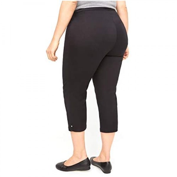 Symbidium Women's Plus Size Elastic Waist Pull-On Flat Front Denim Twill Capri with Pocket Pant Jean Pbat Rhinestone Accents
