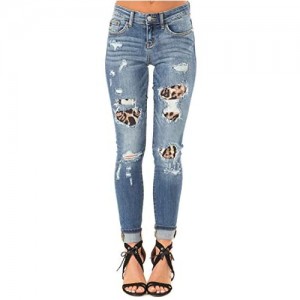 Ugerlov Women's Distressed Stretch Denim Pants Ripped High Rise Skinny Jeans with Cute Leopard Camo Print Patch