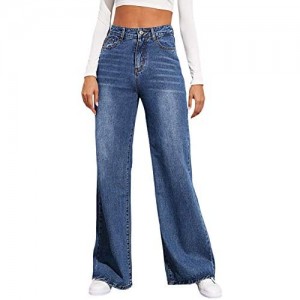 WDIRARA Women's High Waist Wide Leg Long Denim Pants Casual Pocket Jeans