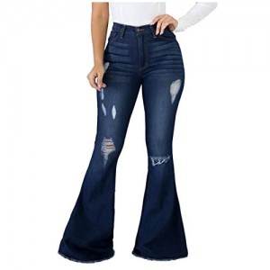 Women Bell Bottom Jeans high Waisted Ripped Skinny Hole Classic Flare Jean Pants